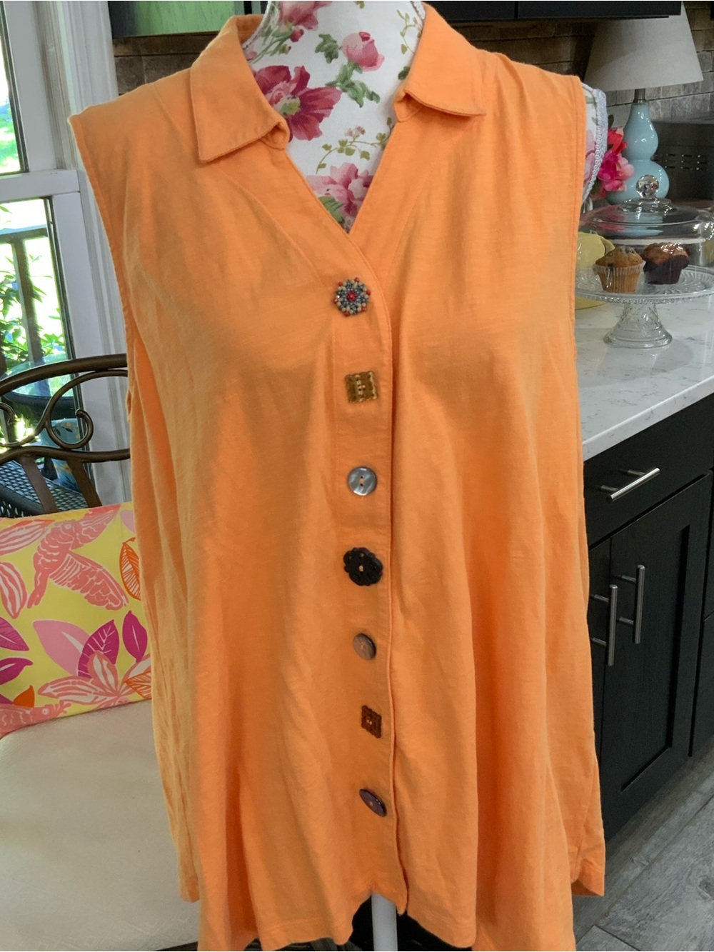 Soft Surroundings Danielle Button Tunic Orange Petite XL Sleeveless Beach Boho
